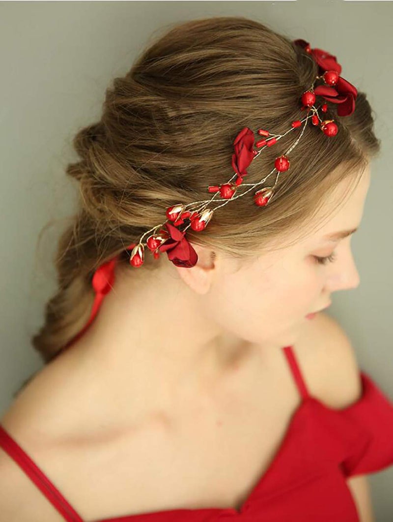 Chargances Wedding Bride Floral Red Headband Crystal Gold Hair Vine with Pearl Rhinestone Hair Accessory Boho Delicate Hair Piece Jewelry for Women and Girls - Image 4